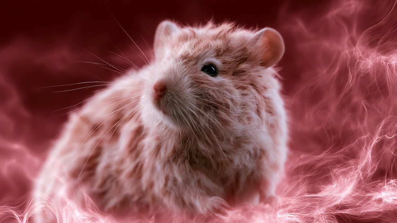 Rüya Gibi Kırmızı Dumanla Sarılmış Pofuduk Bir Hamster, Büyüleyici ve Gerçeküstü Bir Ortamda Evcil Hayvan Yaşamının Cazibesini ve Neşesini Yansıtıyor
