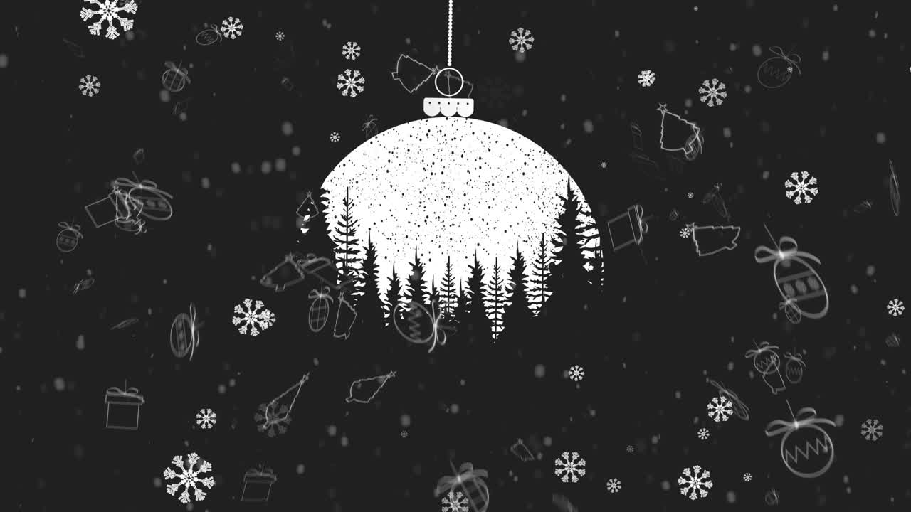 animación de nieve cayendo sobre bolas de navidad en fondo gris