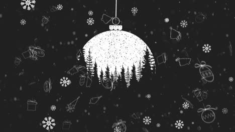 Animación-De-Nieve-Que-Cae-Sobre-Adornos-Navideños-Sobre-Fondo-Gris.