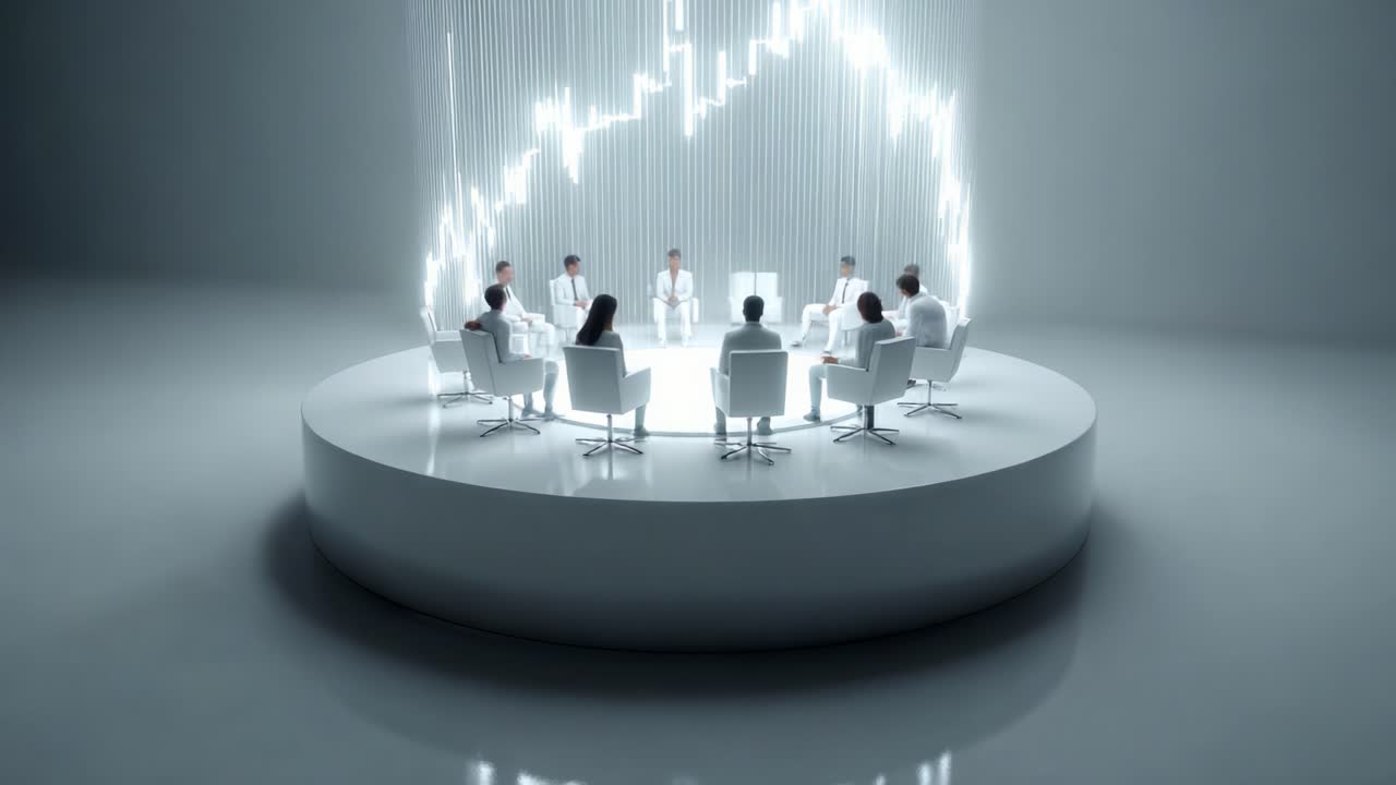 A futuristic gathering of eight individuals in white attire, encircling a central figure, amidst a glowing backdrop of light patterns that symbolize data and technology
