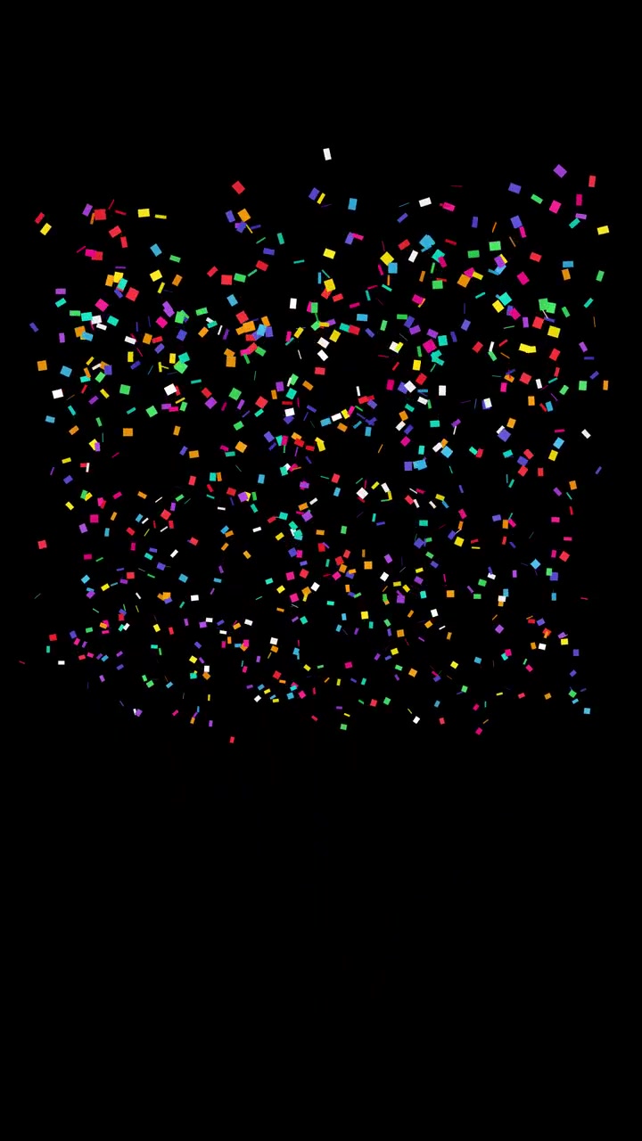 Vivaci coriandoli multicolori cadono verticalmente attraverso sezioni di griglia rettangolare su sfondo scuro.