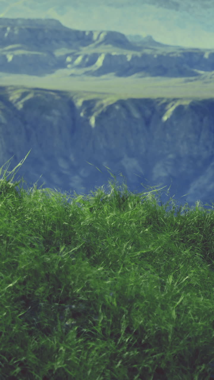 Vast green hills overlook rugged cliffs under a serene blue sky