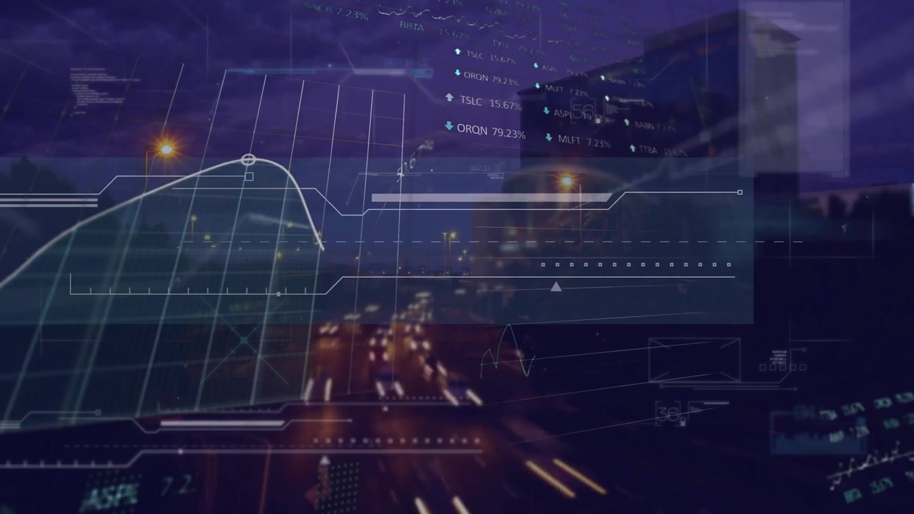 Opening dusk highway HUD grids fading in, graph rising, percents updating, showing stock tickers