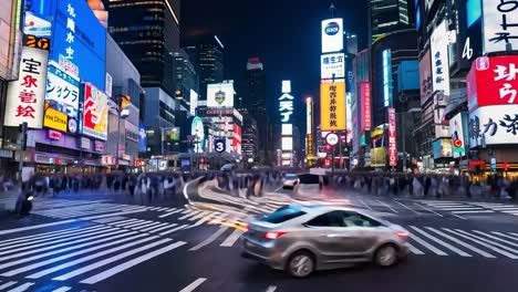 cars navigate the iconic shibuya crossing in tokyo, japan, creating a vibrant scene of urban life at night