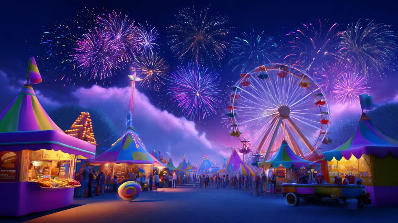 A Spectacular Night at the Carnival: Colorful Lights, Joyful Festivities, and Dazzling Fireworks Illuminating the Sky as Families and Friends Gather to Celebrate in a Lively Amusement Atmosphere