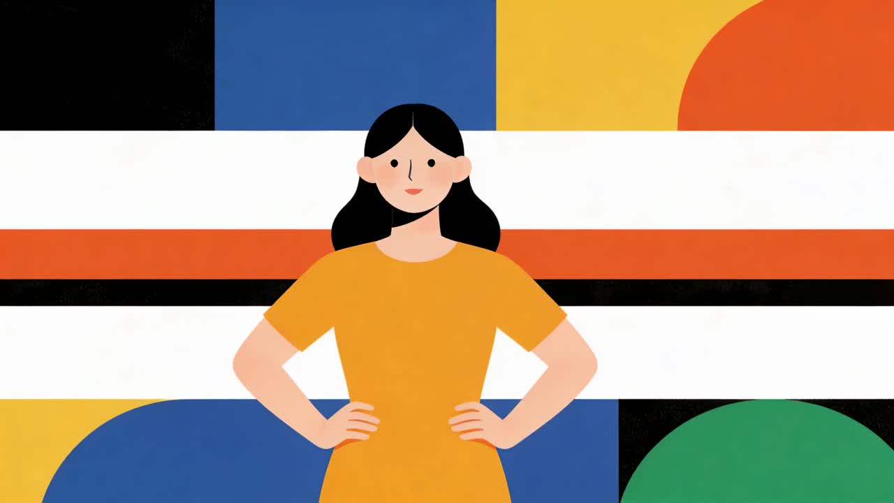 Mujer de pie con un vestido naranja entre bloques de color, mientras paneles transparentes se deslizan desde la izquierda fusionándose.