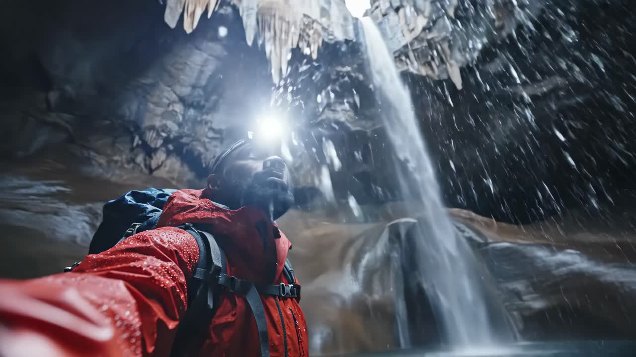 Man Exploring a Waterfall Cave with Headlamp