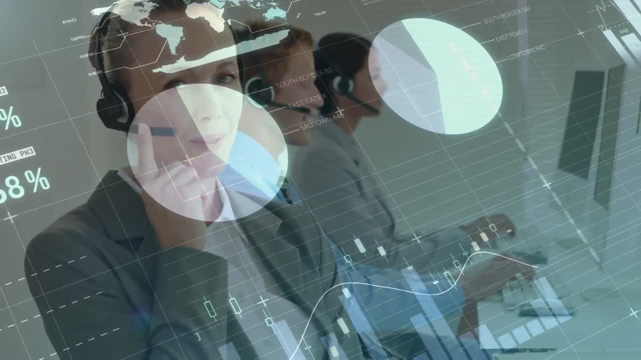 animación del registro de estadísticas sobre personas de negocios que usan auriculares telefónicos