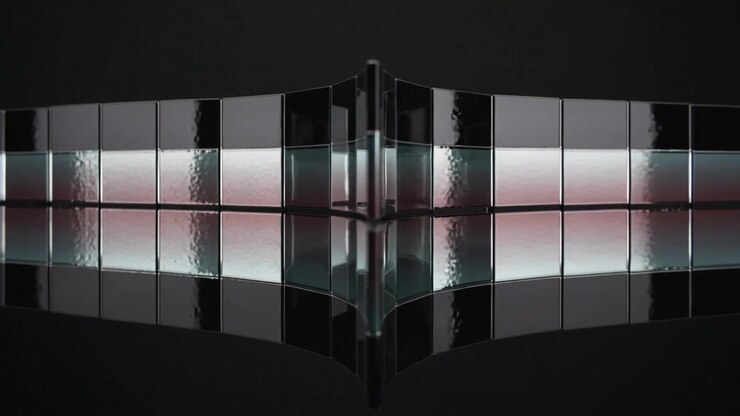 Shifting tiled panels with frames moving curving from spine mirroring cyan-pink band for contrast