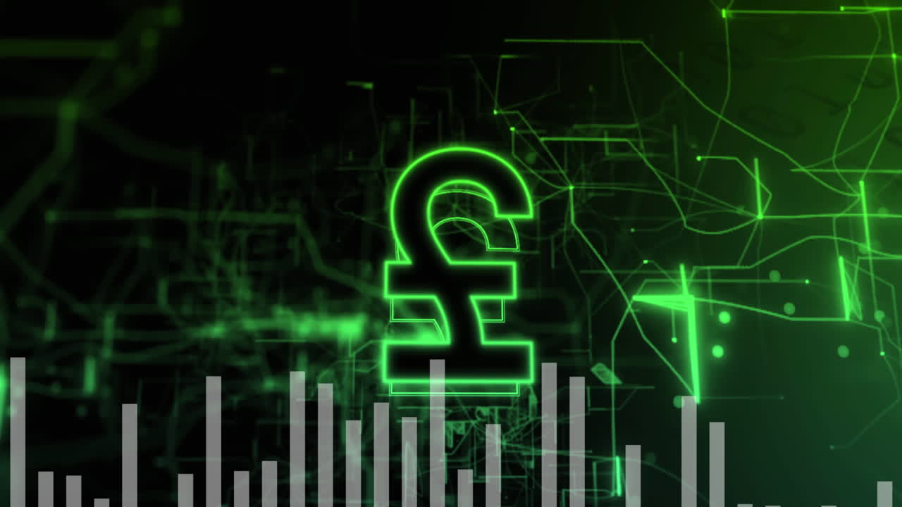 animación del signo de la moneda de la libra y procesamiento de datos financieros.