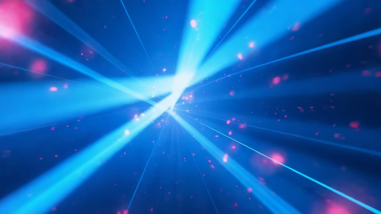 Responding to core spiking, camera moving forward in blue void with neon beams and magenta dots