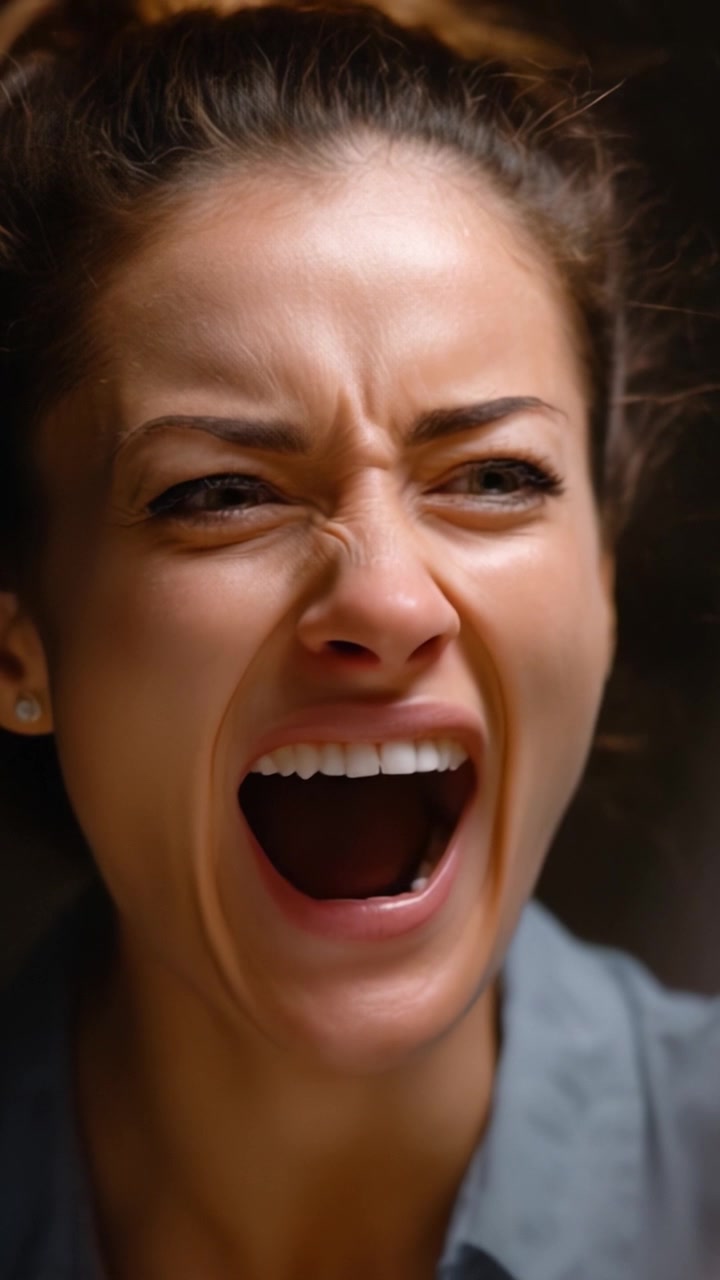 Espressione Emotiva: Un Primo Piano dell'Urlo Intenso di una Donna che Cattura Emozione Pura e Passione, Evidenziando il Potere dell'Espressione Vocale e dei Sentimenti Interiori.