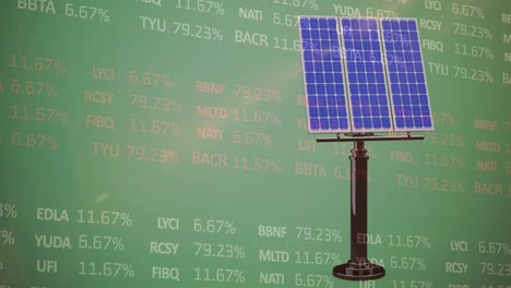 Animation-of-stock-market-data-processing-over-solar-panel-against-green-background