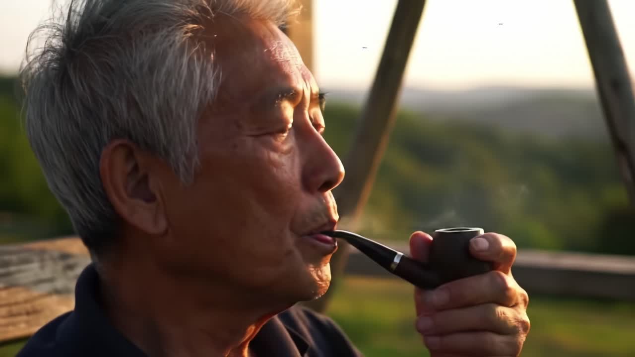 A contemplative moment captured in time, showcasing an elderly gentleman enjoying his pipe against a serene sunset backdrop, reflecting on life and peace