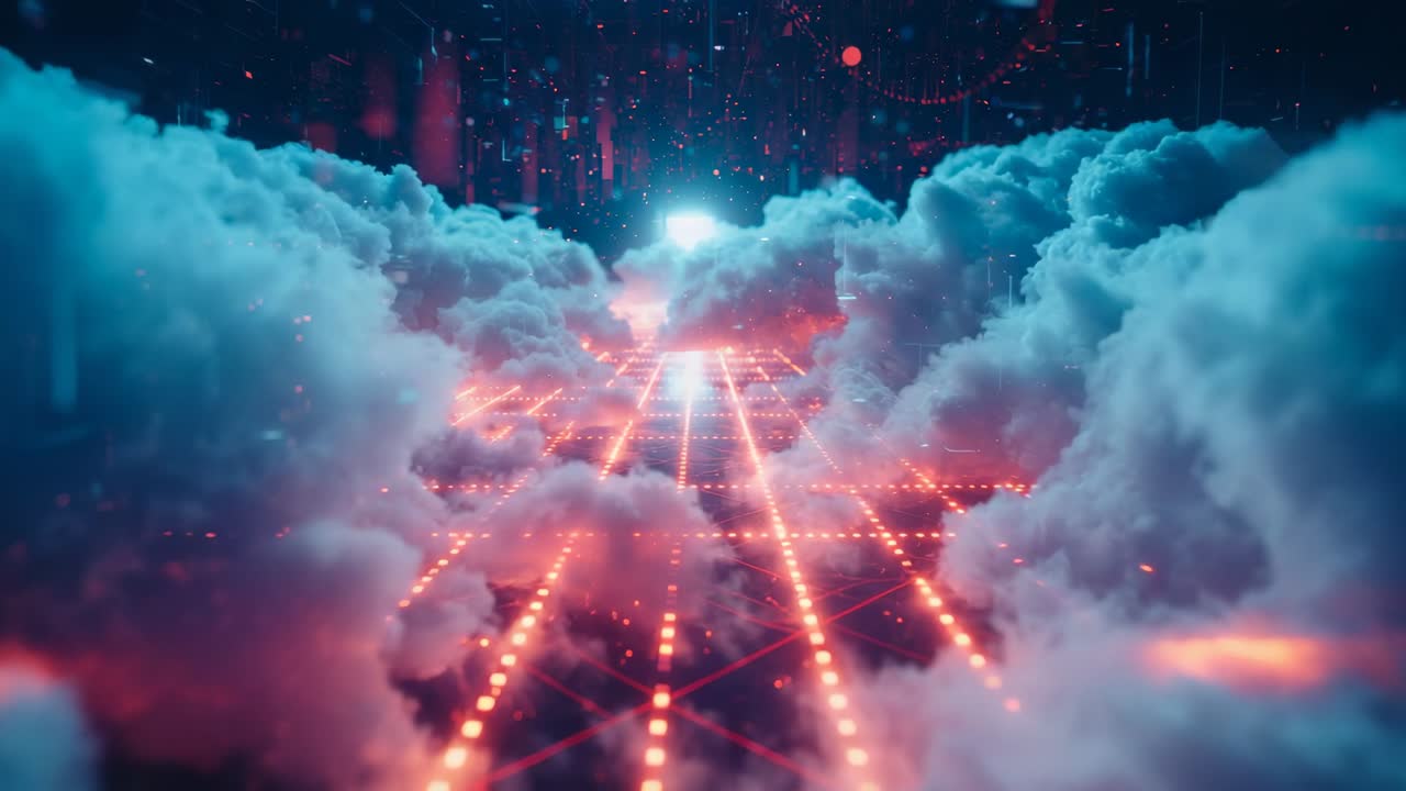 Initiating camera gliding over clouds and red grid revealing pillars with particles to horizon glow