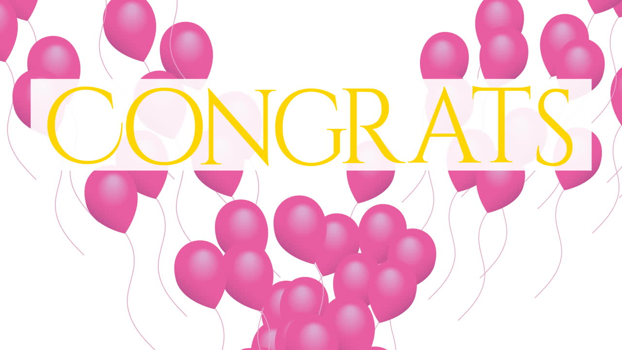 ⁇  바탕에 날아다니는 분홍색 풍선 위에 노란색 글자로 축하 텍스트의 애니메이션