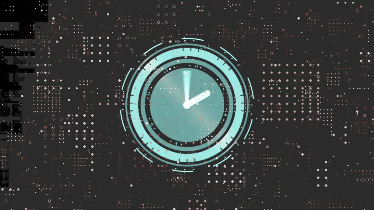 Neon digital clock ticking against dots pattern design on black background