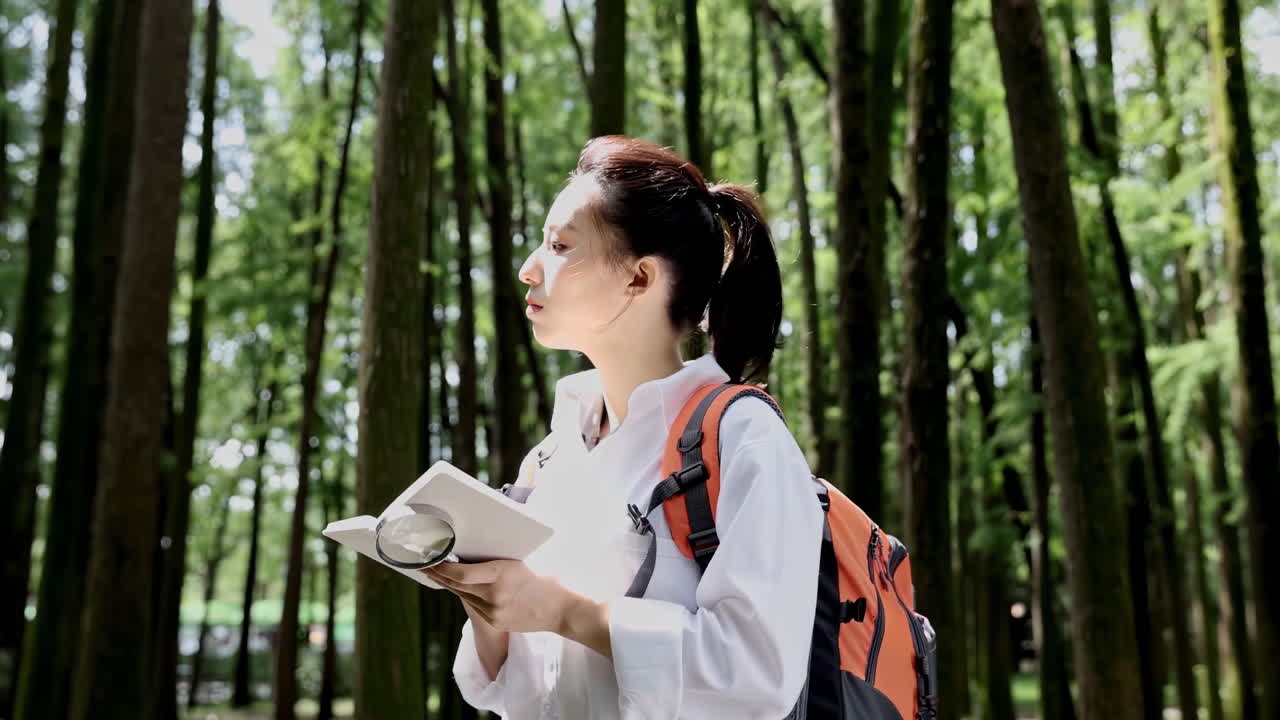 Young girl biologist backpacker walk collect data use magnifying glass to look at lush tree trunk plants, inspecting analyze cover of tree wood in forest, problem deforestation global warming on earth