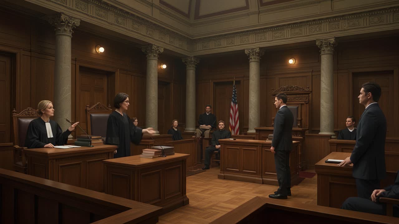 A Dramatic Courtroom Scene Depicting Judges and a Defendant Engaged in Legal Proceedings with Observers Present in an Elegant Judicial Setting