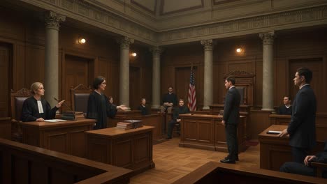 a dramatic courtroom scene depicting judges and a defendant engaged in legal proceedings with observers present in an elegant judicial setting