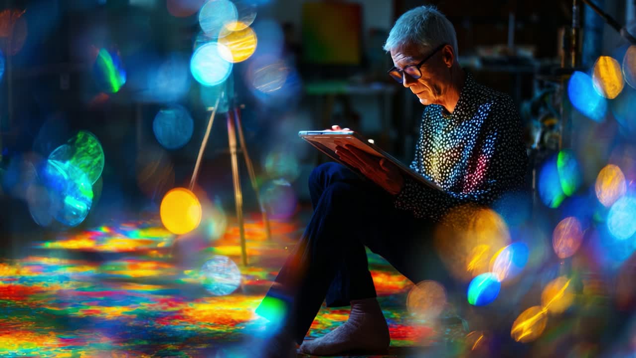 An Introspective Moment: A Person Engrossed in Reading on a Colorful Floor Surrounded by Reflections and Sparkling Lights, Capturing the Essence of Quiet Contemplation