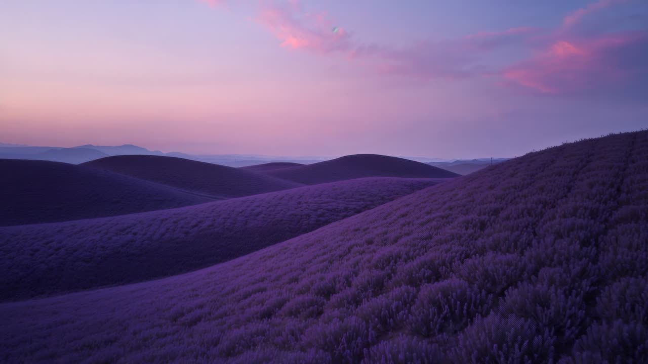 Time-lapse showing lavender hills shifting from warm sunset tones to deep twilight at rural farm