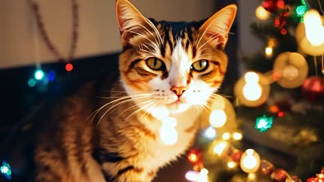 un gato lindo posando junto a un árbol de navidad
