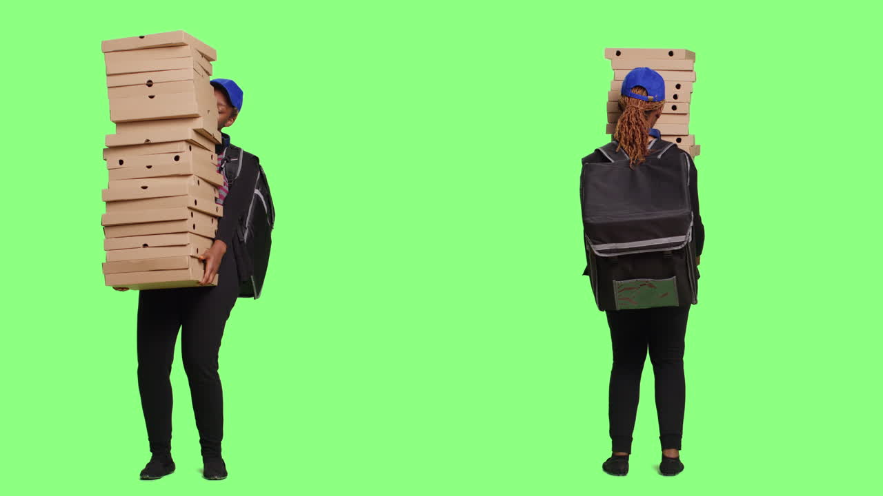 Pizza Delivery Person Carrying Stack of Pizza Boxes