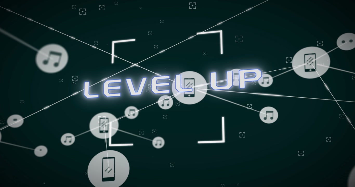Animation of level up text, network of connections with icons and data processing