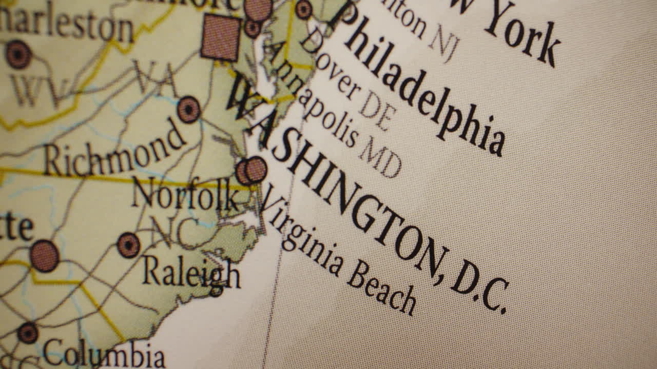 Close-up of a map showing major cities on the East Coast of the United States