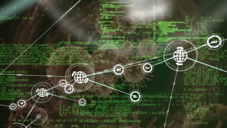 Network-of-profile-icons-and-data-processing-against-multiple-covid-19-cells-on-black-background