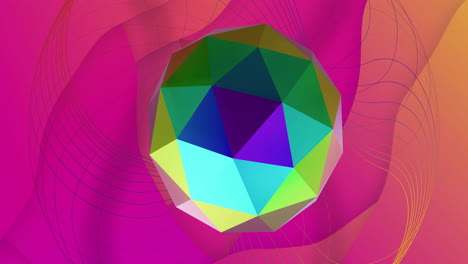 animación de una bola metálica 3d multifacética reflectante que gira sobre la red sobre un fondo rosado