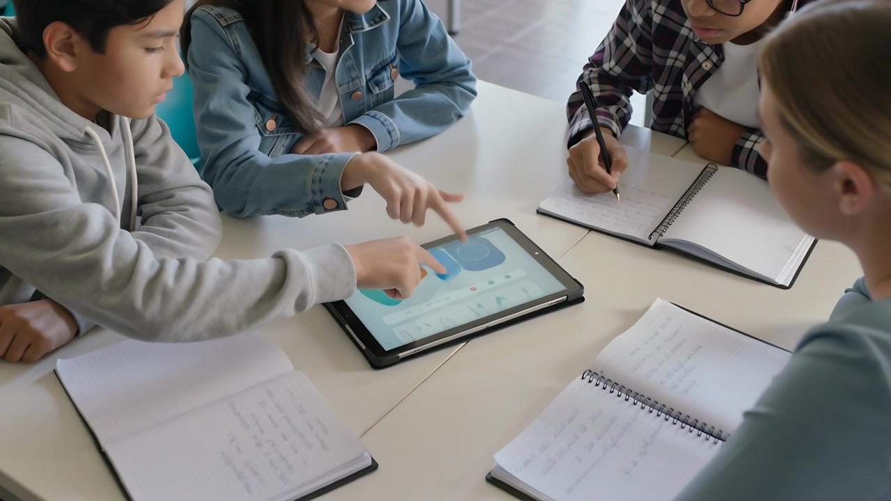 Pointing four teen students discussing tablet showing color diagram at study table, taking notes