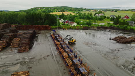 Lumber-yard-conveyor-system-moving-logs-to-be-picked-up-by-grapple-loader,-drone