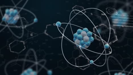 animación del giro del modelo atómico y procesamiento de datos sobre fondo negro