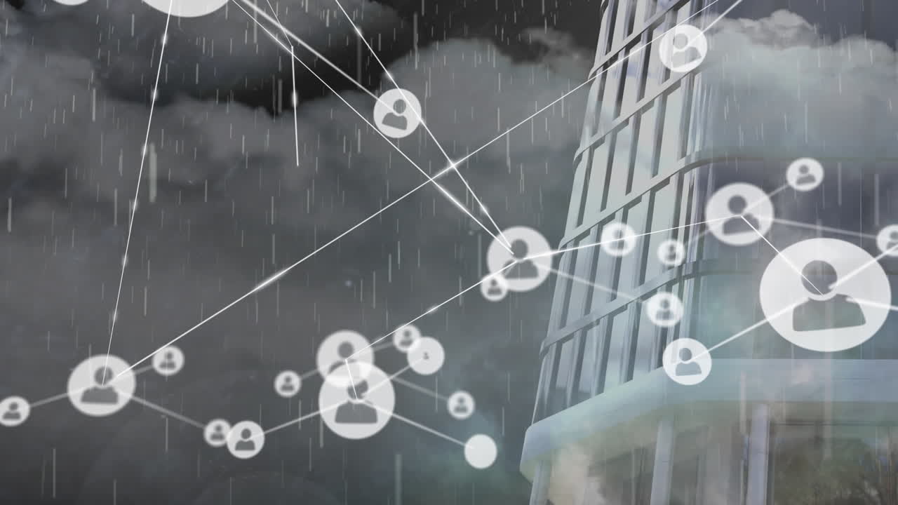 아지는 비와 건물 위에 아이콘으로 연결된 네트워크의 애니메이션