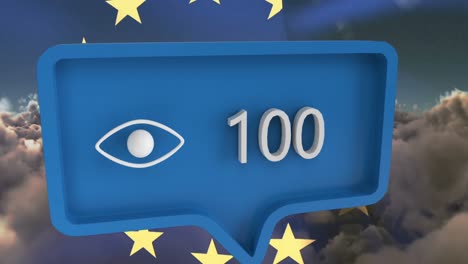 animación de una burbuja de habla con números sobre la bandera de la unión europea
