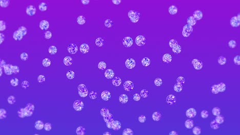 flying many clear crystal spheres on purple background. shine transparent, colorful glass. 3d animation of shiny ball rotating. loop animation.