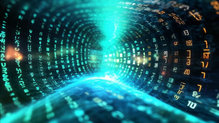 Futuristic digital tunnel with glowing binary code, viewed from a dynamic angle