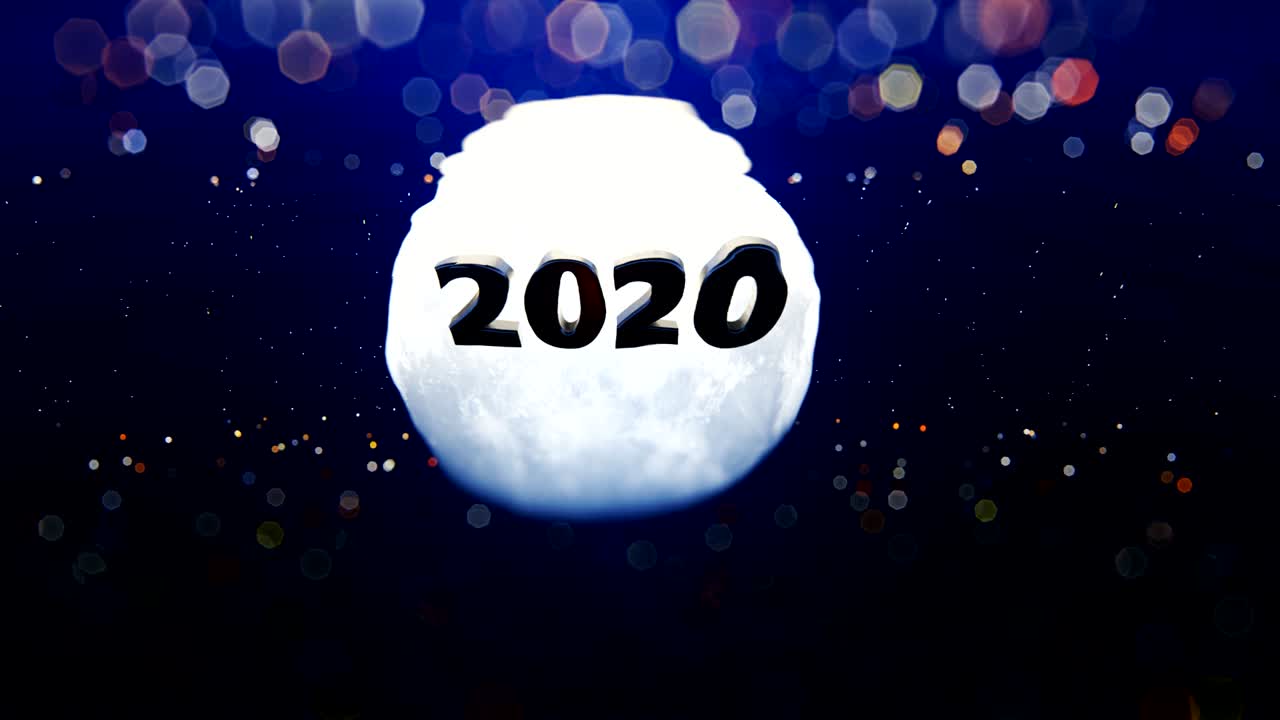 2020 holiday text against full moon and starry sky reflecting in the water, 4K