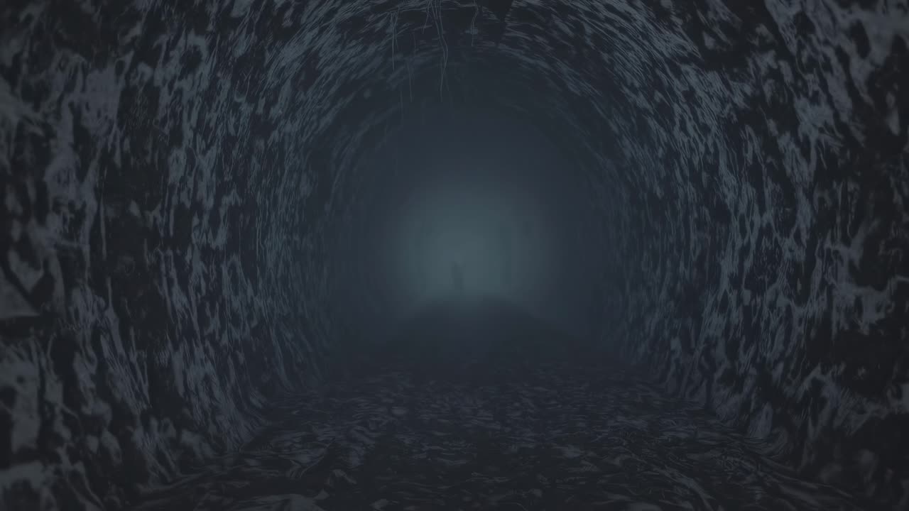 Gloomy light filtering through the end of a dark, mysterious tunnel in a cave creates an atmosphere filled with suspense and eeriness, inviting thoughts of exploration and the unknown