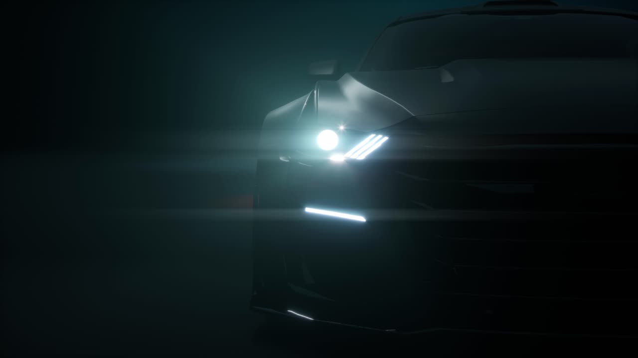 Front View Silhouette Car With Headlights On Dark Black Background