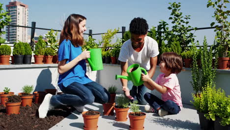 family gardening on a rooftop terrace