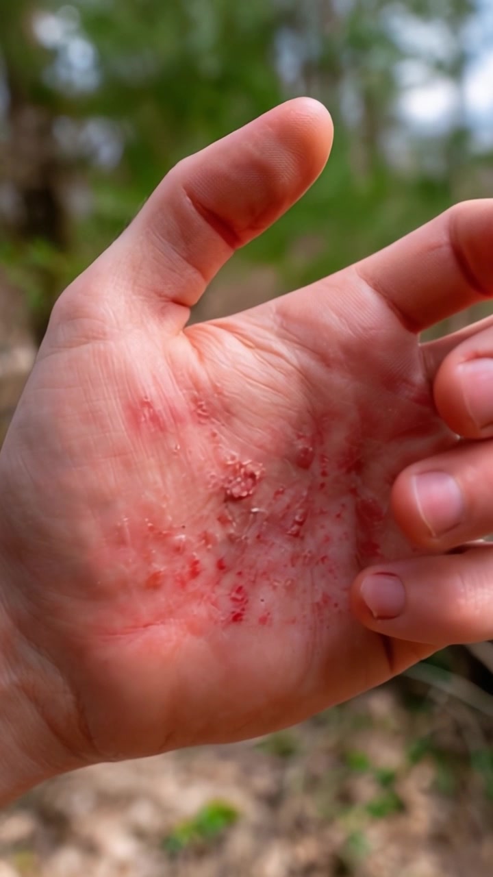 Primer plano de una mano mostrando irritación cutánea con protuberancias rojas y ampollas, reflejando posible dermatitis o reacción alérgica en un entorno exterior