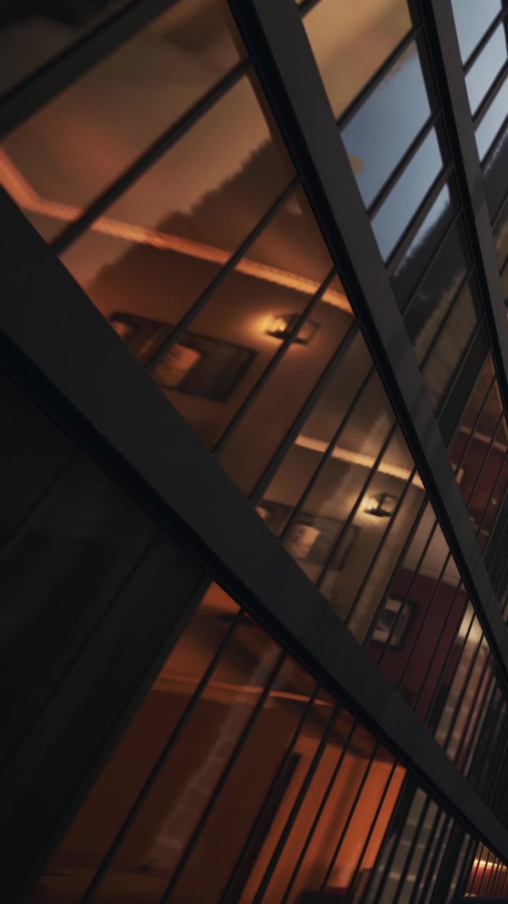 Reflections of buildings on glass during evening hours in a cityscape