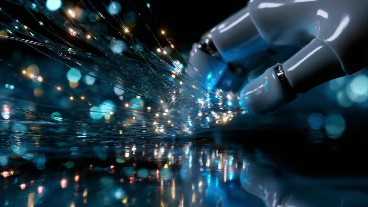 Esplorando l'intersezione tra tecnologia e creatività: una mano robotica interagisce con fibre ottiche luminescenti, illuminando lo spazio buio con colori vivaci e motivi di luce dinamici