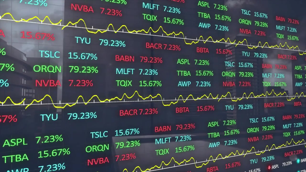 Pannello di visualizzazione del mercato che si aggiorna tramite un feed, con ticker che scorrono, una linea gialla che si sposta e mostra percentuali.