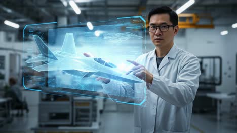 a scientist analyzes a futuristic fighter jet design through augmented reality technology while working in a modern laboratory environment