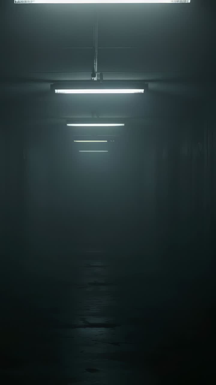 Vertical video: Lighting ceiling fixtures in service tunnel, on mains showing depth, wet floor haze