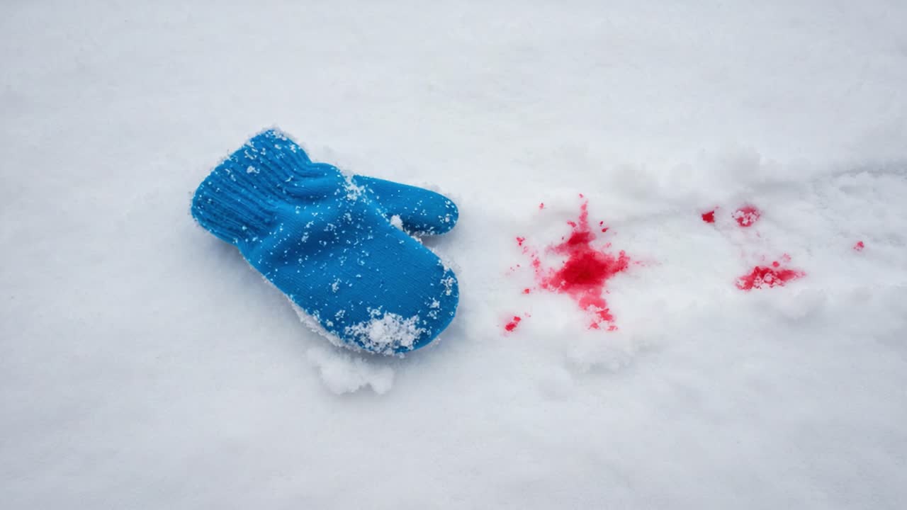 A Mysterious Scene Unfolds: A Blue Mitten Lies Abandoned in the Snow, Surrounded by Stark Red Splashes, Evoking Intrigue and Unanswered Questions About What Happened Here